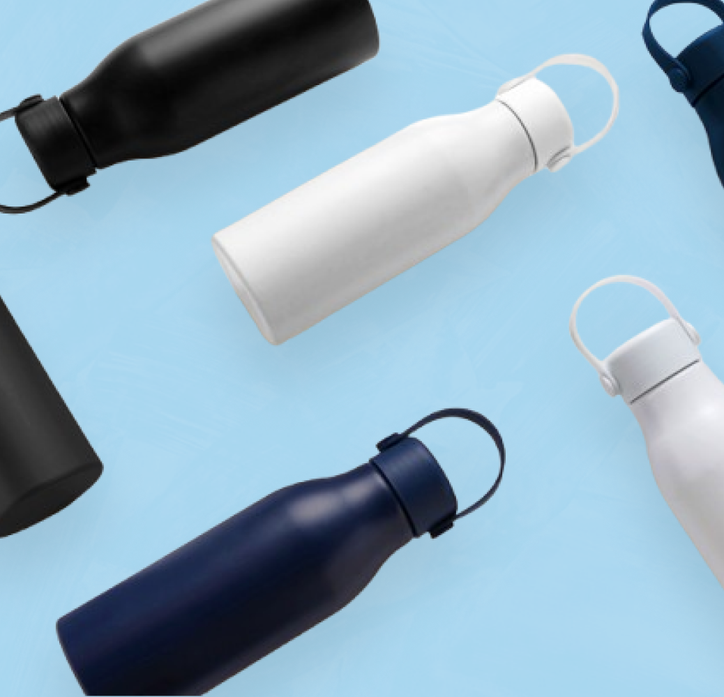 Several different types of water bottles on a blue background.